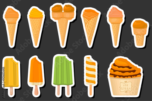 Illustration on theme big kit ice cream popsicle different types in cone waffle cup