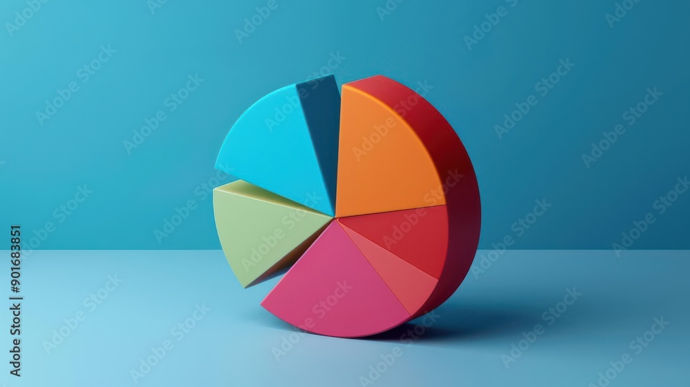 Fototapeta premium Colorful pie chart on a minimalist background, representing data visualization in business and analytics.