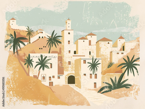 Risograph artistic riso print travel poster, card, wallpaper or banner illustration, modern, isolated, clear, simple of Ghadames, Libya. Artistic, screen printing, stencil photo