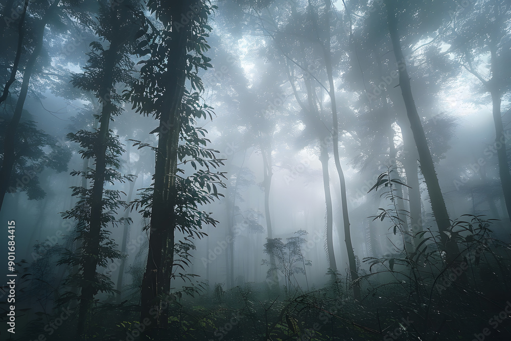 Fototapeta premium Surreal beautiful forest with fog
