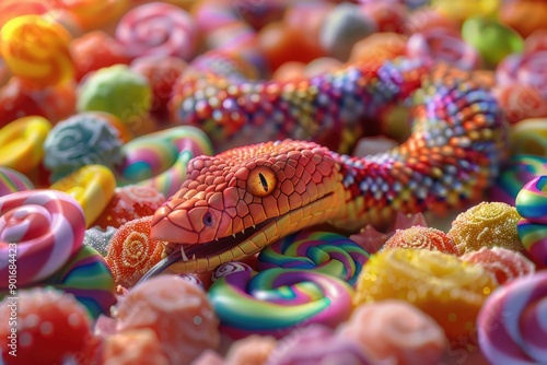A colorful snake is laying on a pile of candy. The candy is in various colors and shapes, including lollipops and jelly beans. The snake appears to be enjoying the sweet treats © vefimov