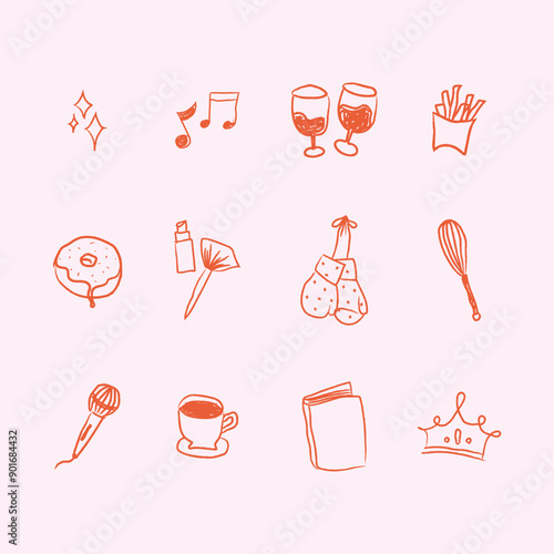 Lovely and Fun Set of Elements. Ideal for Textiles, Labels, Paper, Banners, Wallpapers, Cards. Café, Bar, Kitchen, Makeup, Music Elements. Handcrafted, Pencil Drawing, Organic, Cute, Handmade.