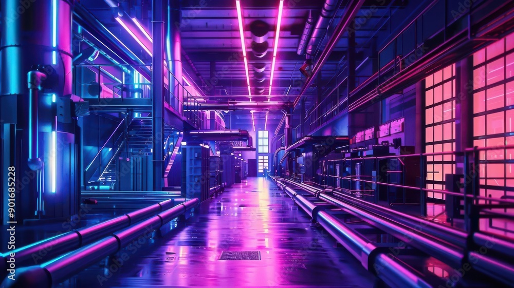 Vibrant industrial interior featuring futuristic neon lights, reflecting surfaces, and a modern aesthetic, perfect for tech-themed projects. Vibrant industrial interior featuring futuristic neon lights, reflecting surfaces, and a modern aesthetic, perfect for tech-themed projects.
