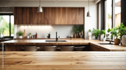 Modern kitchen interior with kitchen blur bokeh interior background 