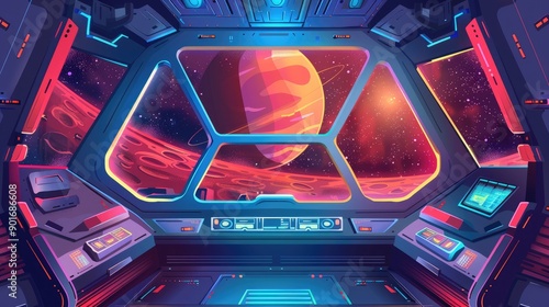 Fototapeta Naklejka Na Ścianę i Meble -  Interior of a futuristic spaceship with a view of a red planet from the window, starry space surrounds in vibrant cartoon style