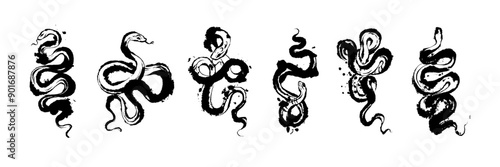 Asian snake collection, reptile brushstroke tattoo, vector Japanese 2025 New Year decoration symbol. Watercolor abstract oriental venomous hand drawing art, exotic viper print. Asian snake clipart