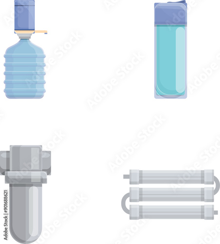 New filter icons set cartoon vector. Water purification and filtration system. Clean water