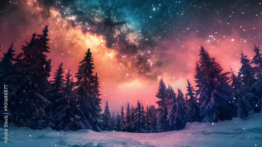 Enchanting Northern Lights Over Snow Capped Forest With Starry Sky Enchanting Northern Lights Over Snow Capped Forest With Starry Sky