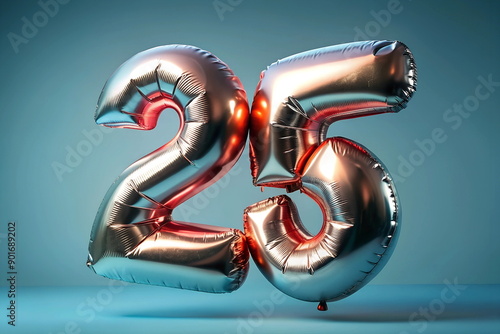 25 number silver pink ballon on grey background. Twenty five font balloon isolated . Discount , sale ,birthday, anniversary concept photo