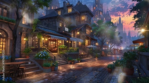 century old urban atmosphere at dusk, cartoon or anime digital painting illustration style. Seamless looping 4k video animation photo