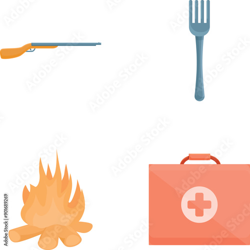 Hunting equipment icons set cartoon vector. Various tool for hunting. Active lifestyle
