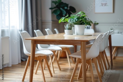 Wallpaper Mural Stylish wooden dining table and chairs in room. Interior design. copy space Torontodigital.ca