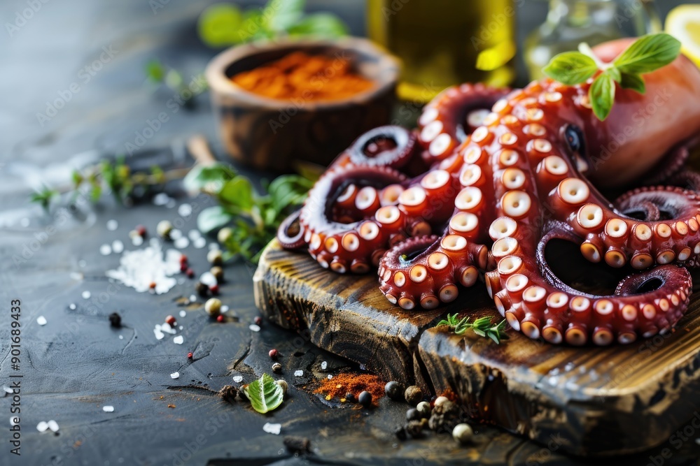 succulent octopus tentacles on a wooden board with herbs and spices, on a rustic kitchen table background succulent octopus tentacles on a wooden board with herbs and spices, on a rustic kitchen table background