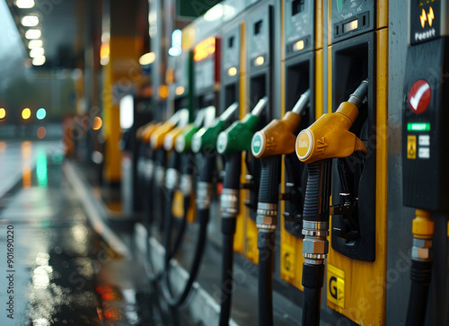 Wallpaper Mural Gas Station Pumps In The Rain. A row of gas pumps at a service station, with the handles and hoses in focus. Torontodigital.ca