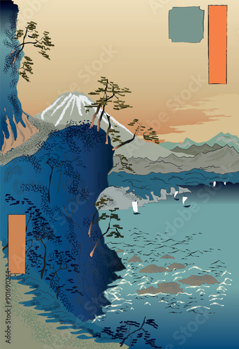 Mount Fuji in Japan landscape vector illustration. Edo period japanese drawing retro poster. Hand drawing in ukiyo-e style. Seaside mountain with islands. Japanese or chinese landscape background.