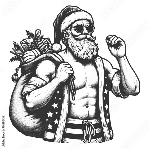 Muscular Santa Claus with Gifts and Sunglasses sketch engraving generative ai fictional character vector illustration. Scratch board imitation. Black and white image.