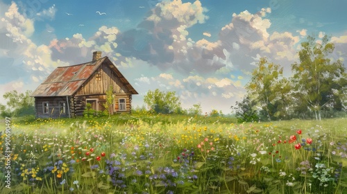 
Summer landscape of the Polish countryside Old wooden house surrounded by rice fields meadow and flowers