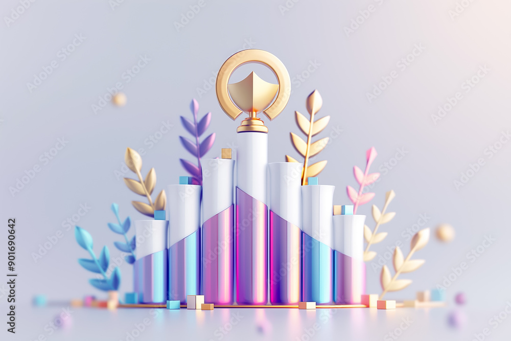 Stunning 3D trophy atop a vibrant bar graph, adorned with lush leaves, symbolizes success and achievement in todays competitive business landscape Stunning 3D trophy atop a vibrant bar graph, adorned with lush leaves, symbolizes success and achievement in todays competitive business landscape