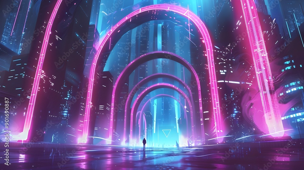 Towering Neon Arches A Urban Landscape Towering Neon Arches A Urban Landscape