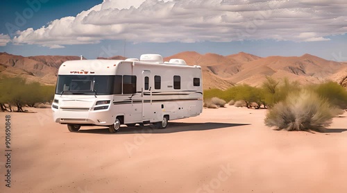 White RV Camper Parked in Desert Landscape photo