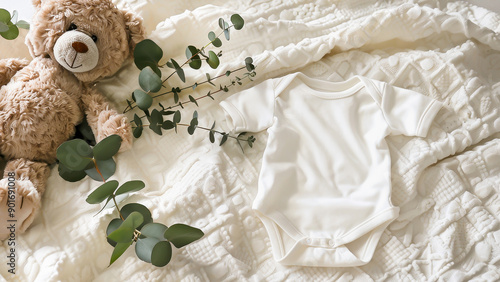 A soft white baby onesie placed on a cozy blanket with a teddy bear and eucalyptus leaves, perfect for a nursery or baby shower gift.