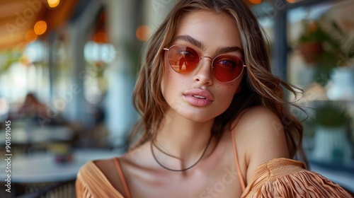 Stylish Young Woman in Sunglasses at a Cafe