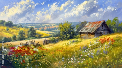 
Summer landscape of the Polish countryside Old wooden house surrounded by rice fields meadow and flowers
