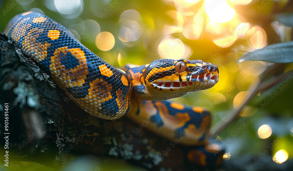 Python Snake on Branch at Sunset. A colorful python snake slithers ...