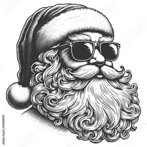 Santa Claus wearing sunglasses. Modern stylish depiction of the festive character sketch engraving generative ai fictional character vector illustration. Scratch board imitation. Black and white image