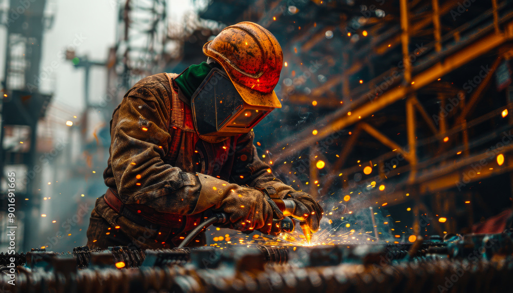 Welder Working on a Construction Site. A welder wearing protective gear works on a construction site, sparks flying from his torch. Welder Working on a Construction Site. A welder wearing protective gear works on a construction site, sparks flying from his torch.