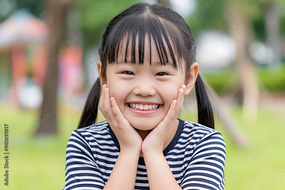 A smiling girl in a striped shirt enjoying a sunny day at the park surrounded by greenery and playground equipment A smiling girl in a striped shirt enjoying a sunny day at the park surrounded by greenery and playground equipment