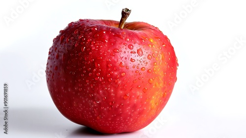 A beautiful, crisp, red apple with water droplets on its skin. The apple is sitting on a white surface. photo