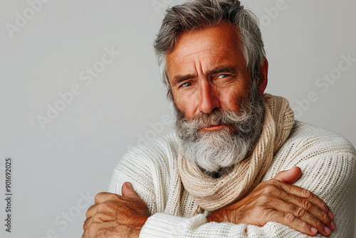 Middle-aged man holding his elbow, red showing joint pain photo