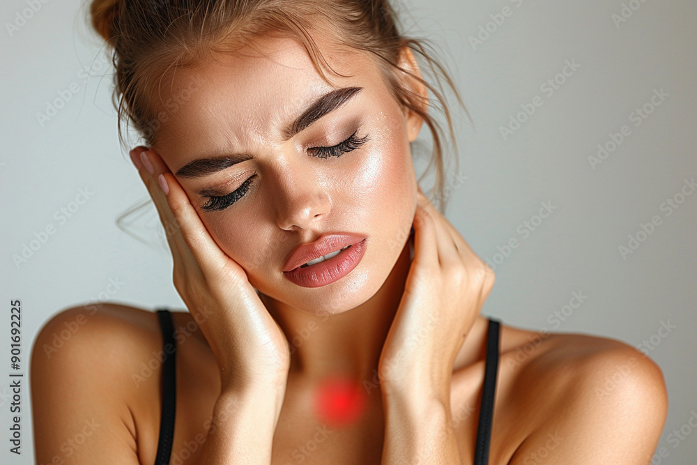 Young woman holding her neck, red indicating neck pain Young woman holding her neck, red indicating neck pain