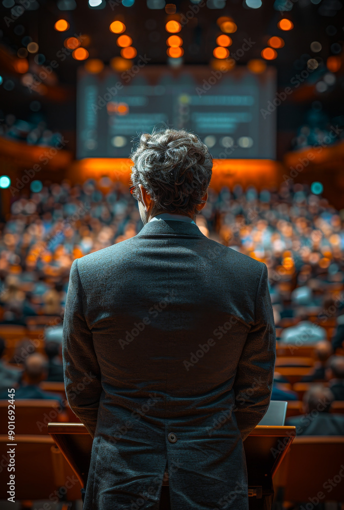 Speaker Facing Audience at Conference. A man in a suit stands at a podium facing a large audience, preparing to speak. Speaker Facing Audience at Conference. A man in a suit stands at a podium facing a large audience, preparing to speak.