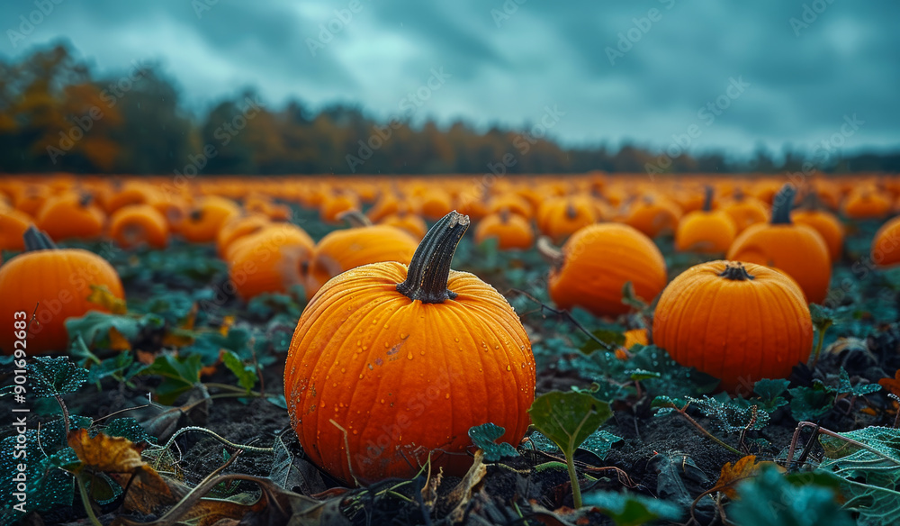 Ripe Pumpkin in a Field on a Cloudy Day. A close-up of a large orange pumpkin in a field of pumpkins, with a cloudy sky in the background. Ripe Pumpkin in a Field on a Cloudy Day. A close-up of a large orange pumpkin in a field of pumpkins, with a cloudy sky in the background.