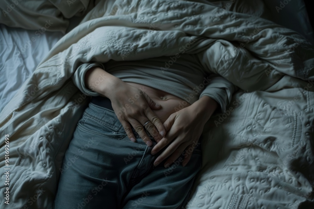 A person lying in bed under a white blanket, with their hands resting on their abdomen, suggesting discomfort or pain A person lying in bed under a white blanket, with their hands resting on their abdomen, suggesting discomfort or pain