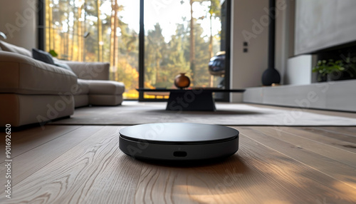 Round Smart Speaker on Hardwood Floor. A round black smart speaker sits on a hardwood floor in a modern living room.