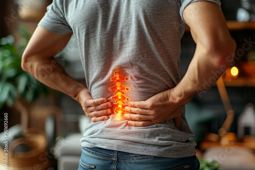 Middle-aged man gripping his lower back, red highlighting back pain