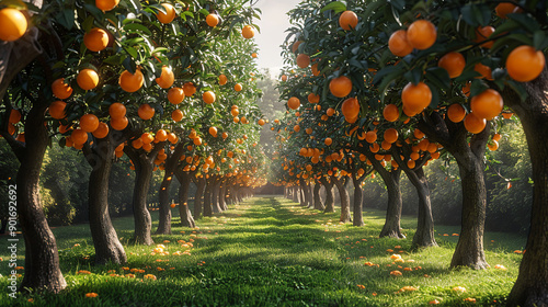 Rows of orange trees full of ripe oranges with the sun shining through at sunset