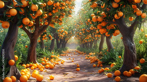 Rows of orange trees full of ripe oranges with the sun shining through at sunset