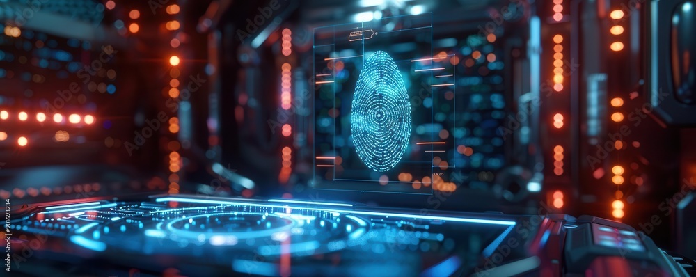 Biometric fingerprint hologram, digital display, holographic interface, modern tech Biometric fingerprint hologram, digital display, holographic interface, modern tech