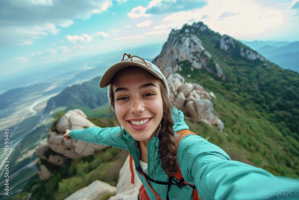 Young hiker woman taking selfie portrait on the top of beautiful mountain Young hiker woman taking selfie portrait on the top of beautiful mountain