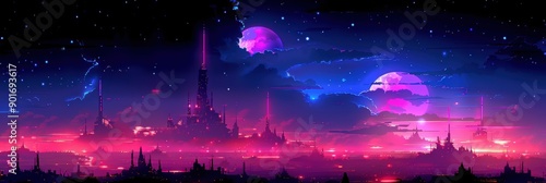 A vibrant cosmic landscape featuring colorful planets, towering structures, and a starry night sky, perfect for sci-fi themes.