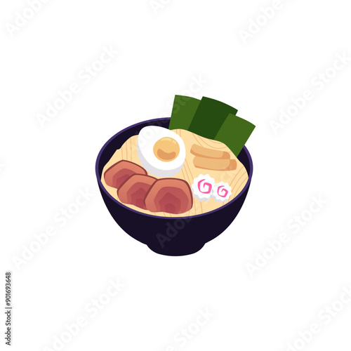 Noodles soup in bowl vector icon, Chinese pasta with meat, egg celery, vegetable and spices, Asian cuisine menu isolated