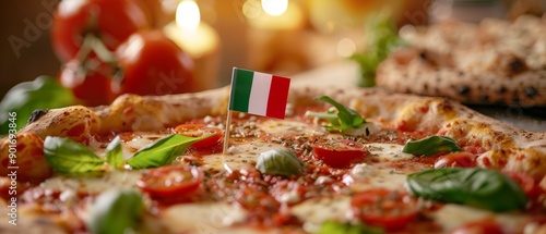 A delicious pizza topped with fresh tomatoes, basil, and cheese, featuring a small Italian flag, set against a warm, inviting background with candles