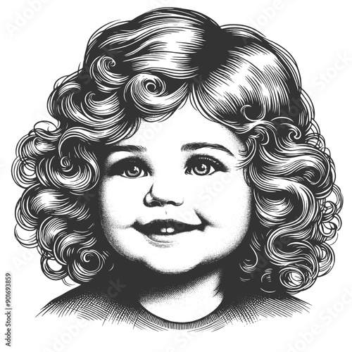 smiling child girl with curly hair, capturing innocence and charm sketch engraving generative ai fictional character vector illustration. Scratch board imitation. Black and white image.