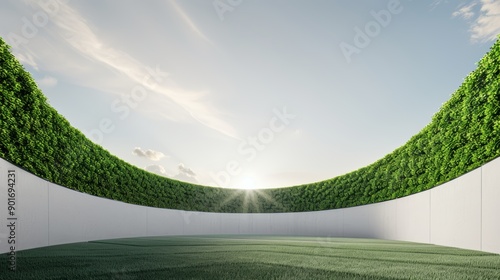 A futuristic eco-friendly sports stadium with solar panels and green walls, with copy space, high-resolution photo, hyper realistic