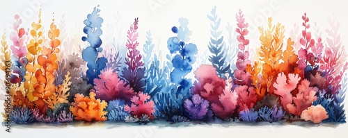 Abstract coral reefs in watercolor on white.