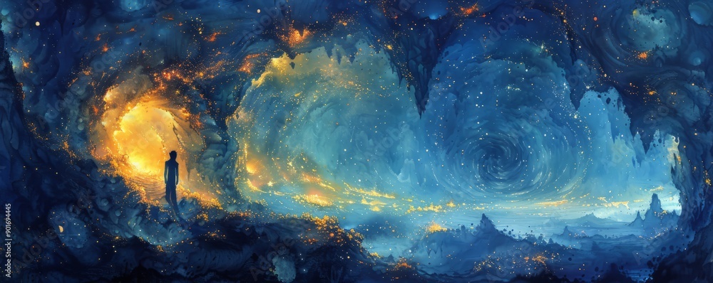 Obraz premium A man stands in front of a large spiral in the sky